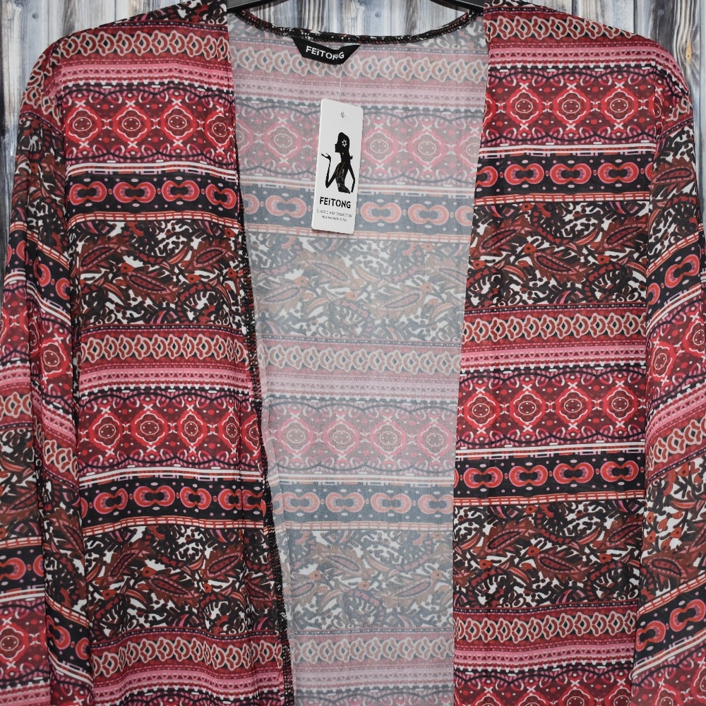 FeiTong Long Sleeve Sheer Long Kimono Duster XXXL